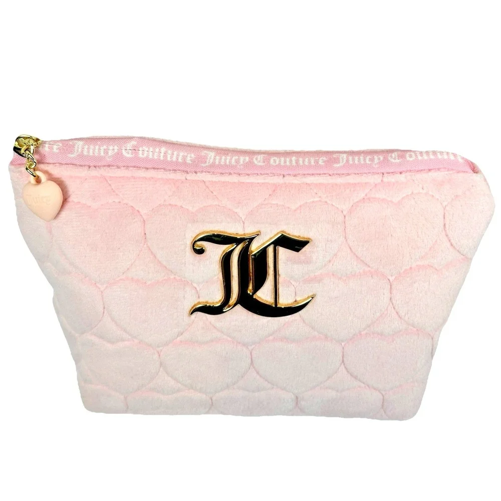 Juicy Couture Pink Heart Quilted Cosmetic Bag JC Logo Velvet Makeup Pouch‎ NWT